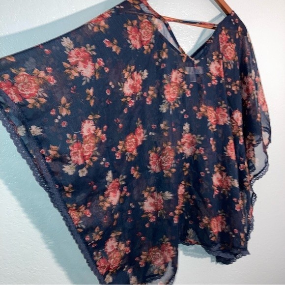 Decree Flowy Blue Floral Chiffon Tie Cinch Waist Blouse Size XL - Picture 7 of 7